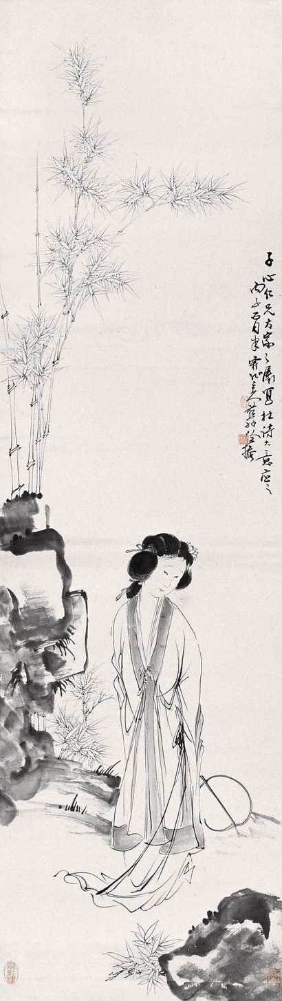 徐操 竹石仕女 立轴